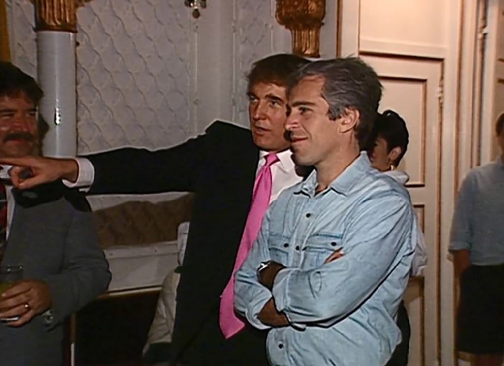 Donald Trump and Jeffrey Epstein laughing together at a 1992 Mar-a-Lago party